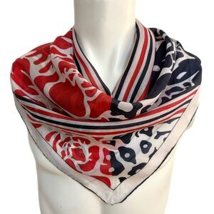 Vintage Medal Pure Silk Scarf – Red, Navy & Ivory Floral Stripe – Hand Rolled